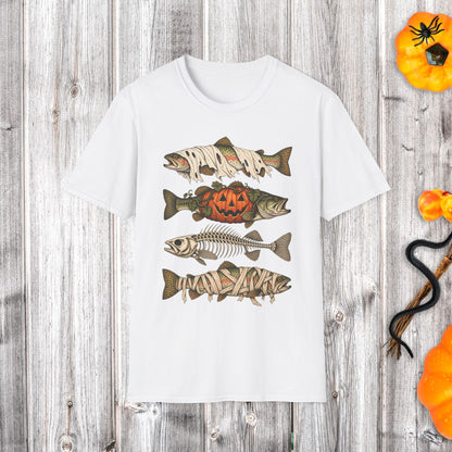 Halloween Fish Skull T-Shirt – Spooky Pumpkin & Fish Bones Fishing Tee