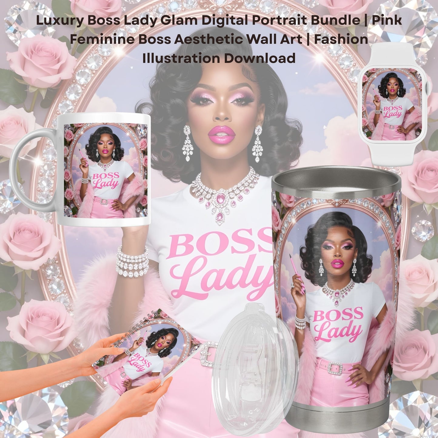 Luxury Boss Lady Glam Digital Portrait Bundle | Pink Feminine Boss Aesthetic Wall Art | Fashion Illustration Download