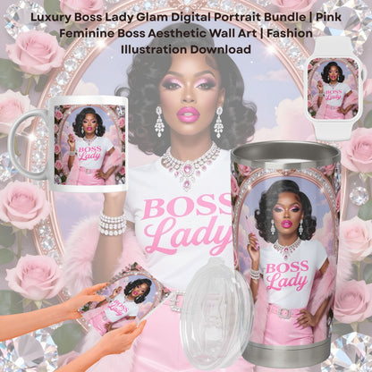 Luxury Boss Lady Glam Digital Portrait Bundle | Pink Feminine Boss Aesthetic Wall Art | Fashion Illustration Download