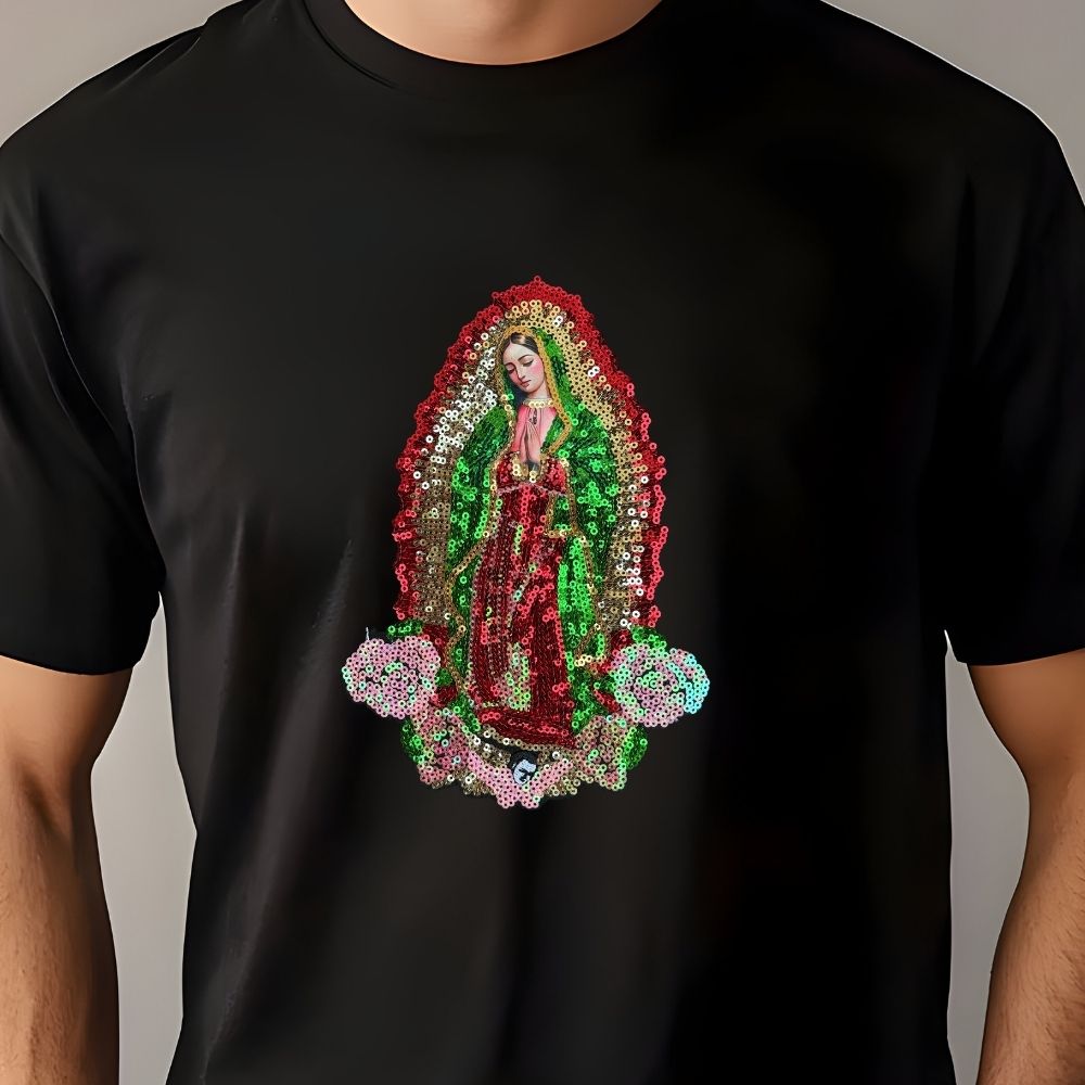Virgin of Guadalupe Sequin Patch – Religious Iron-On Applique (6x9 & 7x9 in) Ready to Press