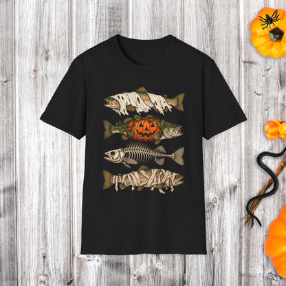 Halloween Fish Skull T-Shirt – Spooky Pumpkin & Fish Bones Fishing Tee