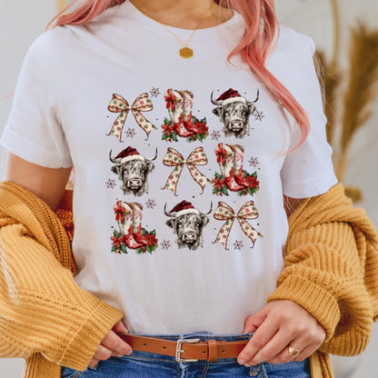 Vintage Christmas Highland Cow DTF Transfer – Bow & Boots Holiday Heat Press Design