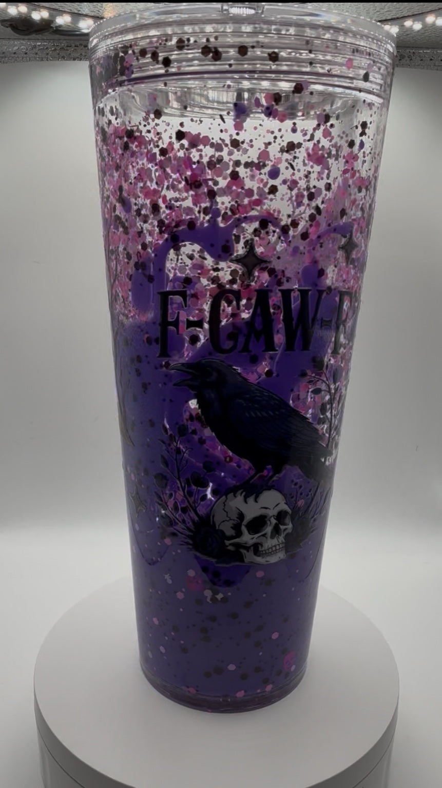 “F-CAW-R” Gothic Raven Glitter Tumbler – Purple & Black Skull Cup (24oz)