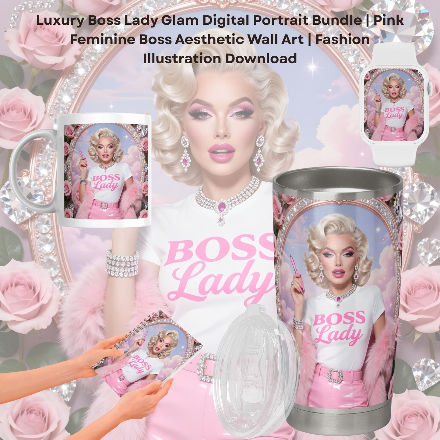 Luxury Boss Lady Glam Digital Portrait Bundle | Pink Feminine Boss Aesthetic Wall Art | Fashion Illustration Download