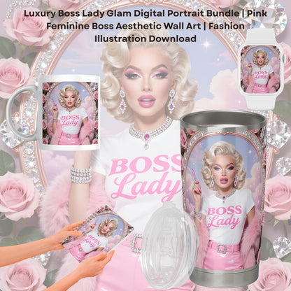 Luxury Boss Lady Glam Digital Portrait Bundle | Pink Feminine Boss Aesthetic Wall Art | Fashion Illustration Download