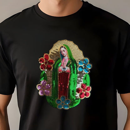 Virgin of Guadalupe Sequin Patch – Religious Iron-On Applique (6x9 & 7x9 in) Ready to Press