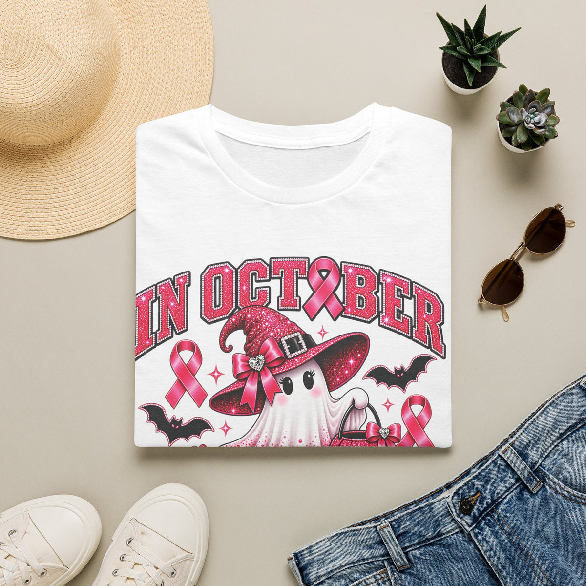 October Breast Cancer Awareness T-Shirt — Pink Ribbon Ghost Halloween Tee