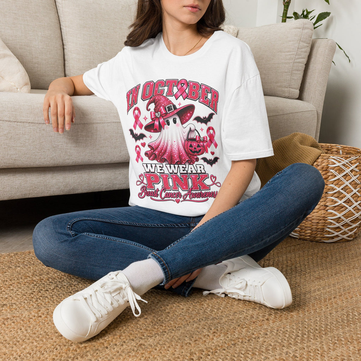 October Breast Cancer Awareness T-Shirt — Pink Ribbon Ghost Halloween Tee