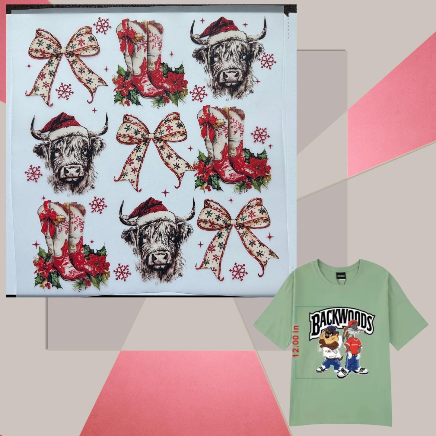 Vintage Christmas Highland Cow DTF Transfer – Bow & Boots Holiday Heat Press Design