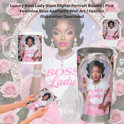 Luxury Boss Lady Glam Digital Portrait Bundle | Pink Feminine Boss Aesthetic Wall Art | Fashion Illustration Download