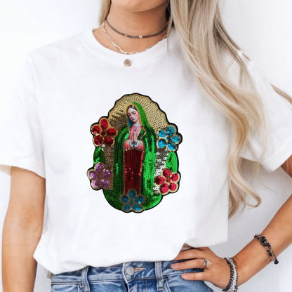Virgin of Guadalupe Sequin Patch – Religious Iron-On Applique (6x9 & 7x9 in) Ready to Press