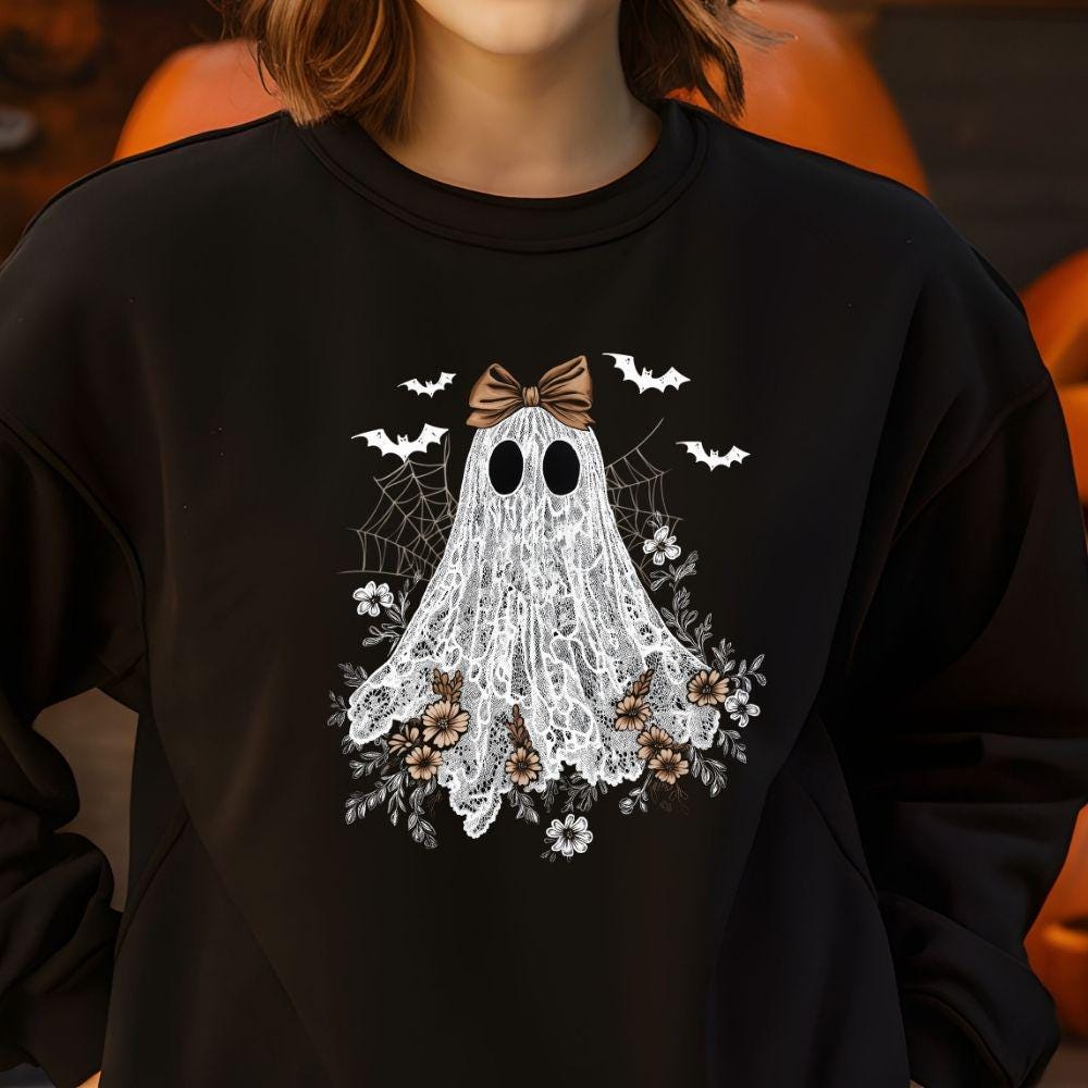 Halloween Lace Ghost DTF Transfer – Spooky Coquette Iron-On (10-Inch Ready to Press)