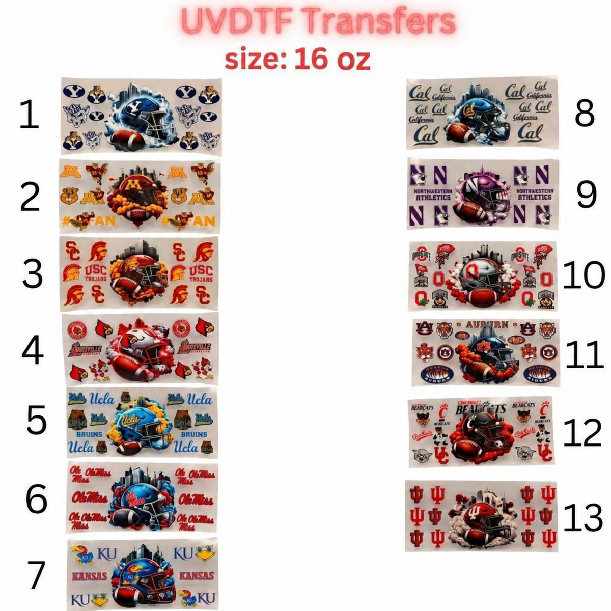 Football Inspired UVDTF Cup Wraps | 16 oz Glass Wrap Transfers | Game Day Helmet Designs | Sports Color Themes