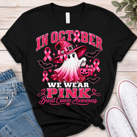 In October We Wear Pink PNG | Breast Cancer Awareness Halloween Ghost PNG | Pink Ribbon Sublimation Design
