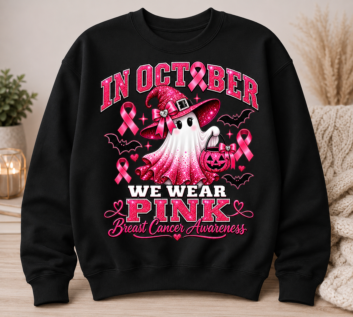 In October We Wear Pink PNG | Breast Cancer Awareness Halloween Ghost PNG | Pink Ribbon Sublimation Design