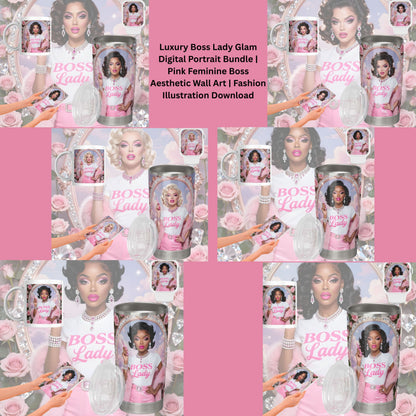 Luxury Boss Lady Glam Digital Portrait Bundle | Pink Feminine Boss Aesthetic Wall Art | Fashion Illustration Download