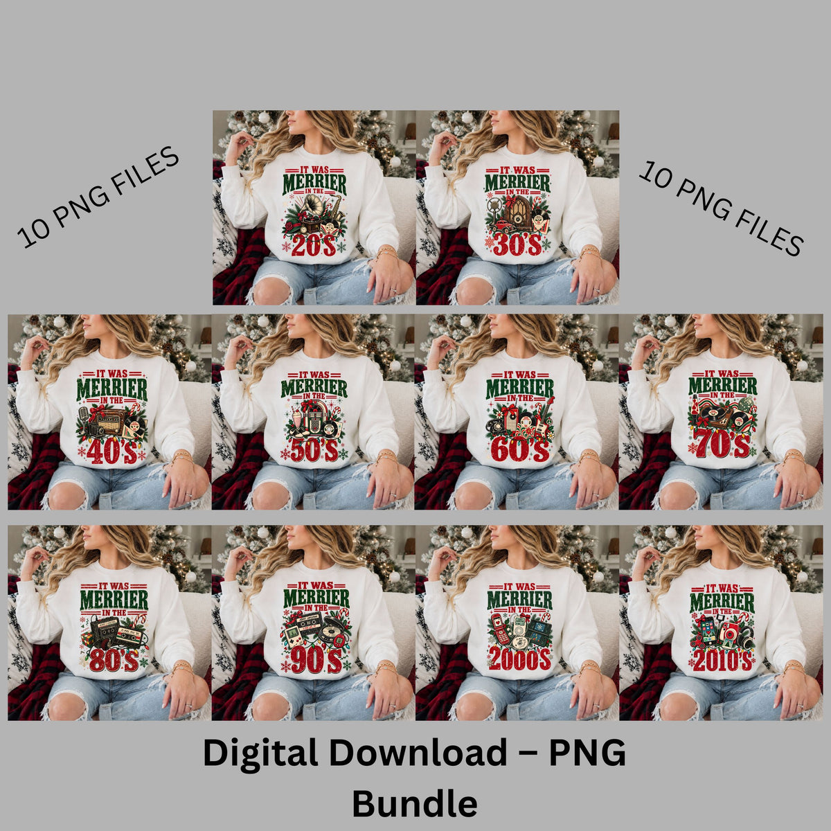 It Was Merrier in the Decades PNG Bundle | 20s–2010s Retro Christmas Designs | 10 Digital PNG Files | Vintage Holiday Shirt Graphics