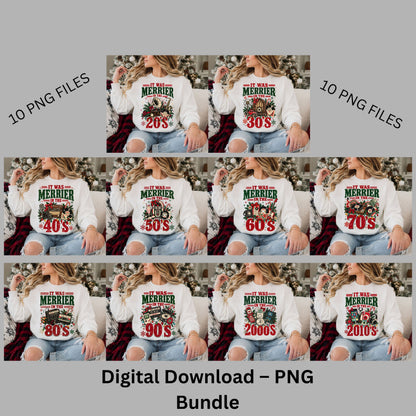 It Was Merrier in the Decades PNG Bundle | 20s–2010s Retro Christmas Designs | 10 Digital PNG Files | Vintage Holiday Shirt Graphics