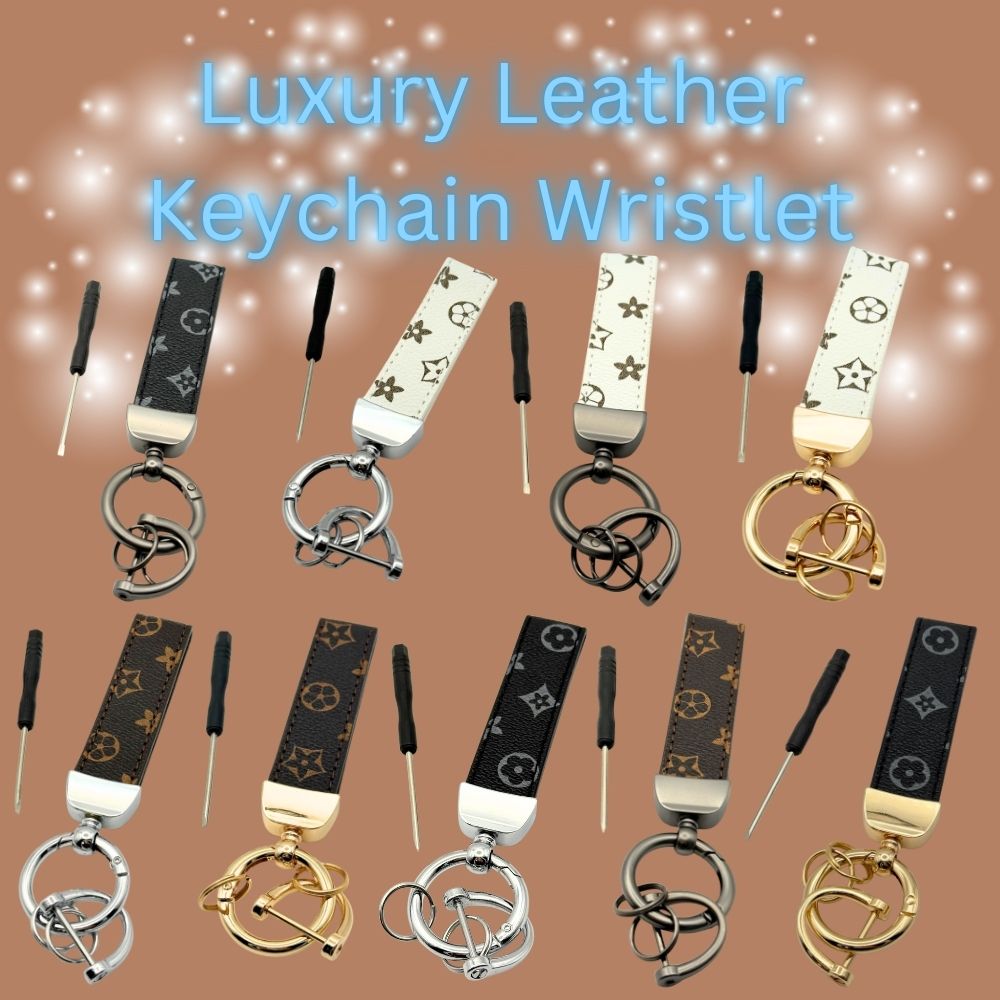 Leather Keychain Wristlet – Monogram Strap Key Ring with Metal Hardware & Mini Screwdriver