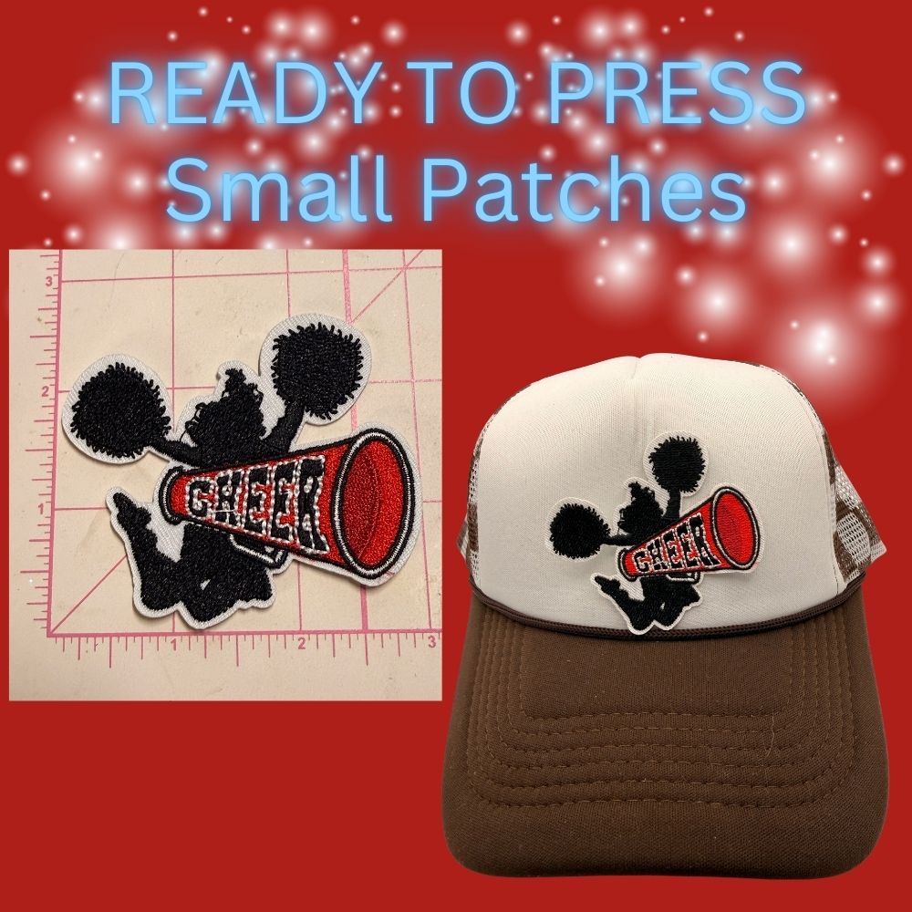 ⭐ READY TO PRESS – Cheer Megaphone & Pom Small Patches (Black, Red, Blue)