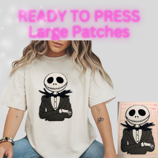 Spooky Skeleton Gentleman Embroidered Patch | Gothic Suit Skull Iron-On Patch | Large Statement Patch | Hat & Apparel Heat Transfer