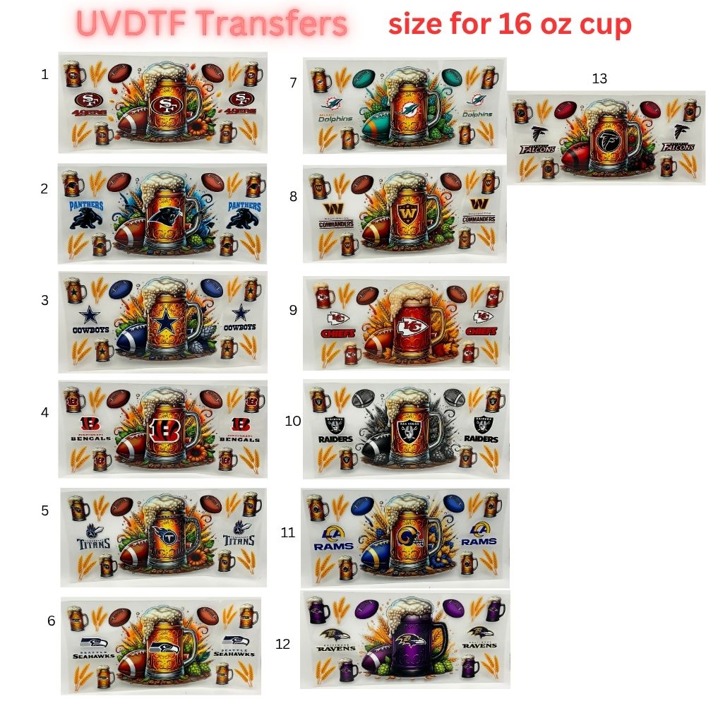 Football Beer Mug UV DTF Transfers for 16 oz Cups | Game Day Football Cup Decals | Ready to Apply