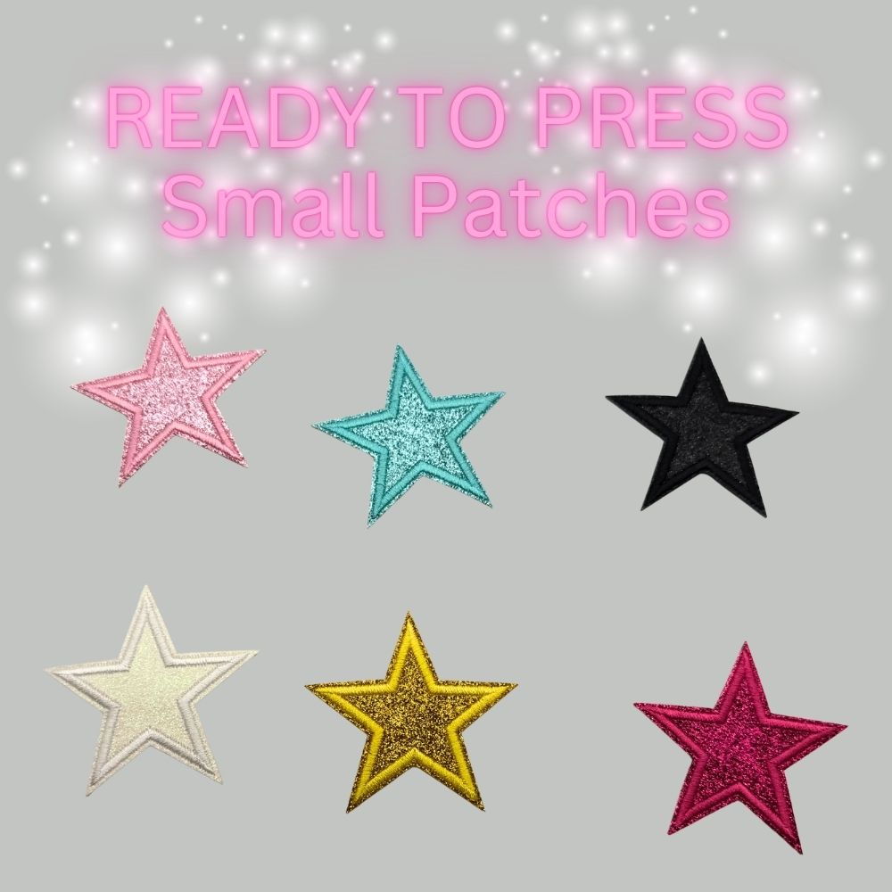 READY TO PRESS Glitter Star Patches – Small Iron-On Patches for Hats & Apparel (Pink, Teal, Black, Gold, Red, Cream)