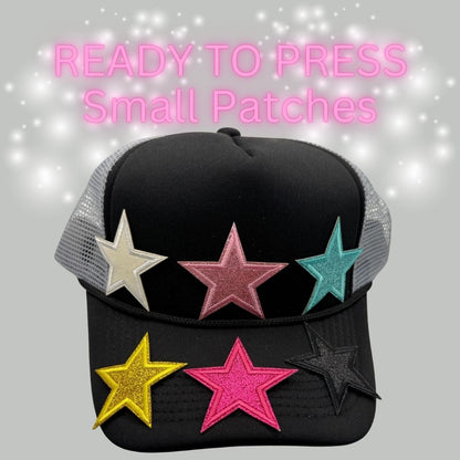READY TO PRESS Glitter Star Patches – Small Iron-On Patches for Hats & Apparel (Pink, Teal, Black, Gold, Red, Cream)