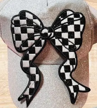 Bow Applique Chenille Patches – Pink Glitter, Black Checkered & Camo Iron-On Appliques (5.5 x 4.6 in) Ready to Press