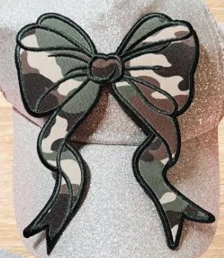 Bow Applique Chenille Patches – Pink Glitter, Black Checkered & Camo Iron-On Appliques (5.5 x 4.6 in) Ready to Press