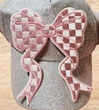 Bow Applique Chenille Patches – Pink Glitter, Black Checkered & Camo Iron-On Appliques (5.5 x 4.6 in) Ready to Press