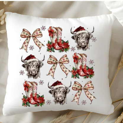 Vintage Christmas Highland Cow DTF Transfer – Bow & Boots Holiday Heat Press Design