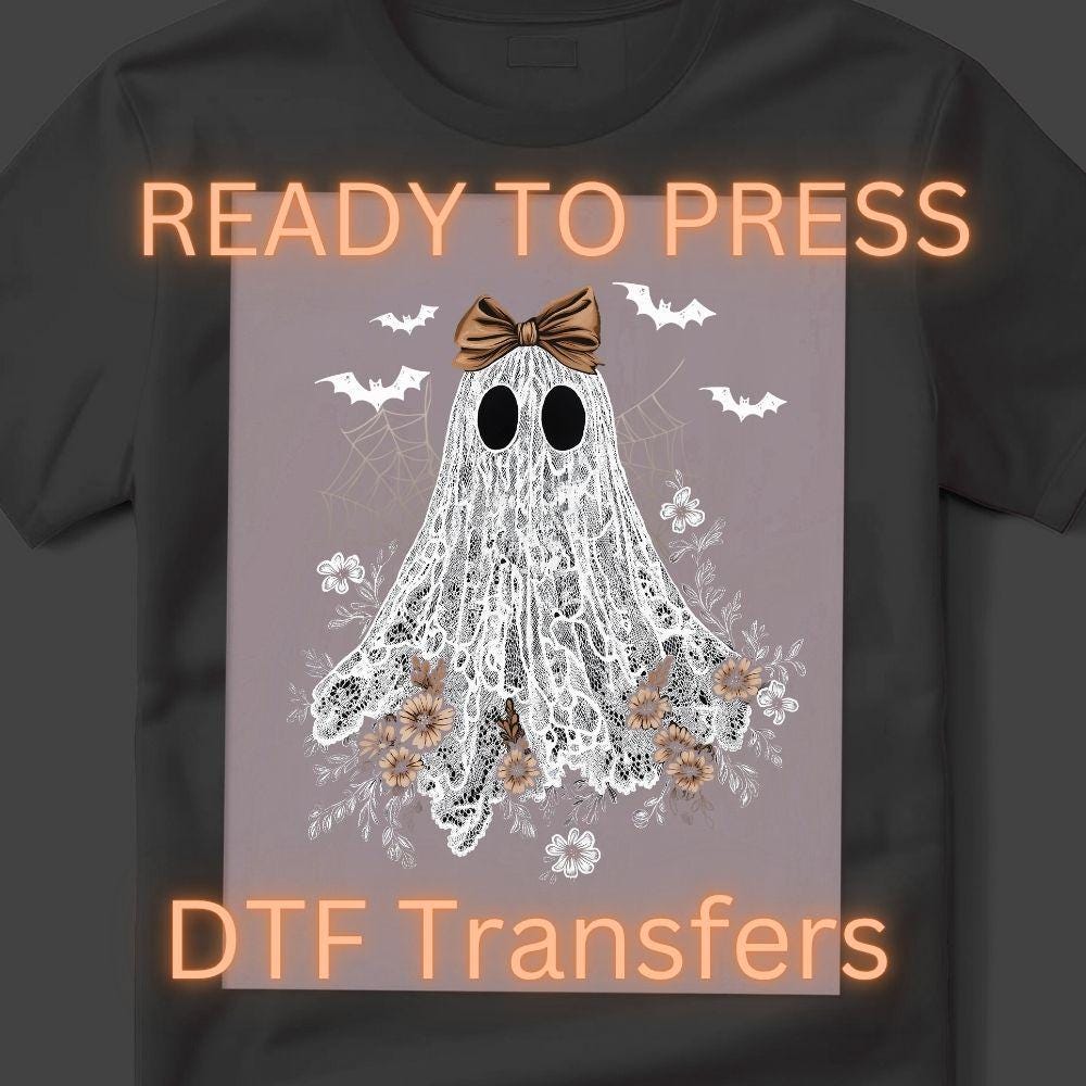 Halloween Lace Ghost DTF Transfer – Spooky Coquette Iron-On (10-Inch Ready to Press)