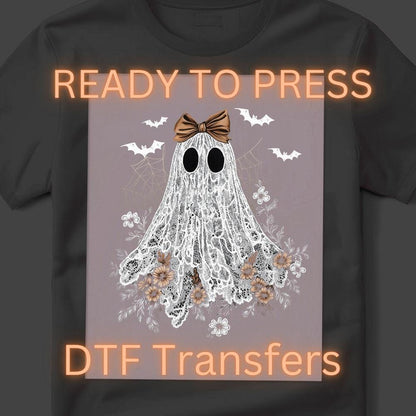 Halloween Lace Ghost DTF Transfer – Spooky Coquette Iron-On (10-Inch Ready to Press)