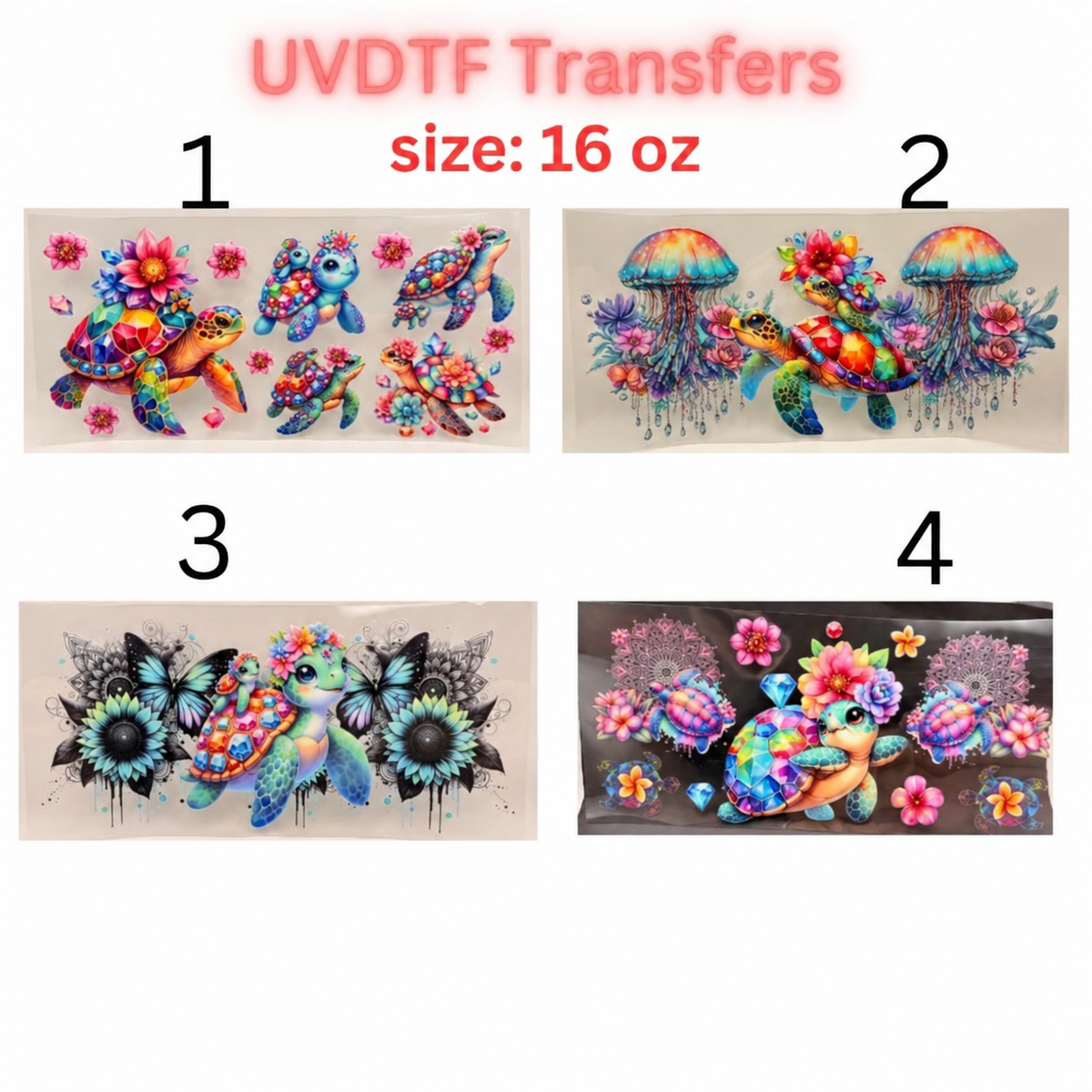 UV DTF Transfer – Colorful Floral Sea Turtle Design – 16 oz cup