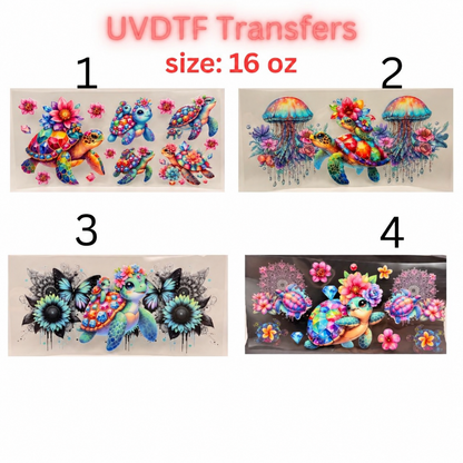 UV DTF Transfer – Colorful Floral Sea Turtle Design – 16 oz cup