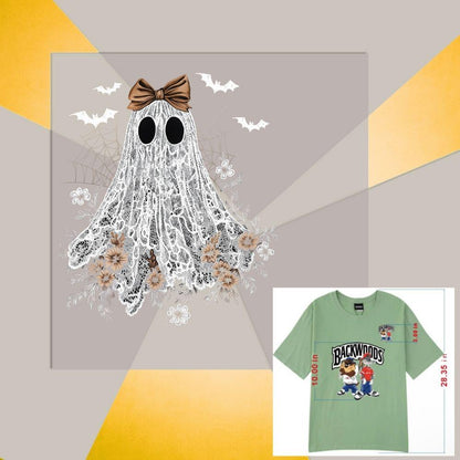 Halloween Lace Ghost DTF Transfer – Spooky Coquette Iron-On (10-Inch Ready to Press)