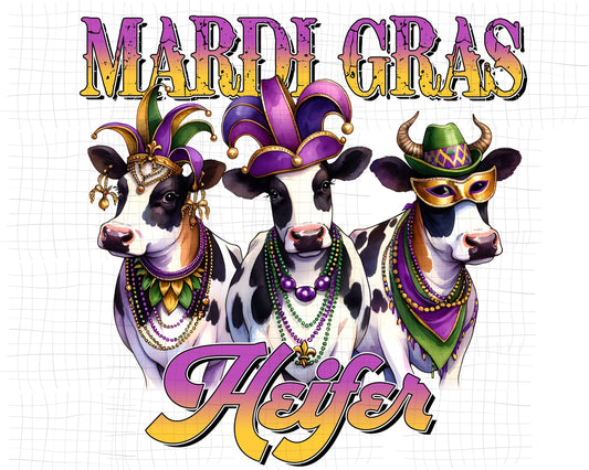 Mardi Gras Heifer PNG – Cute Cow Sublimation Design with Beads & Fat Tuesday Flair