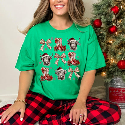 Vintage Christmas Highland Cow DTF Transfer – Bow & Boots Holiday Heat Press Design