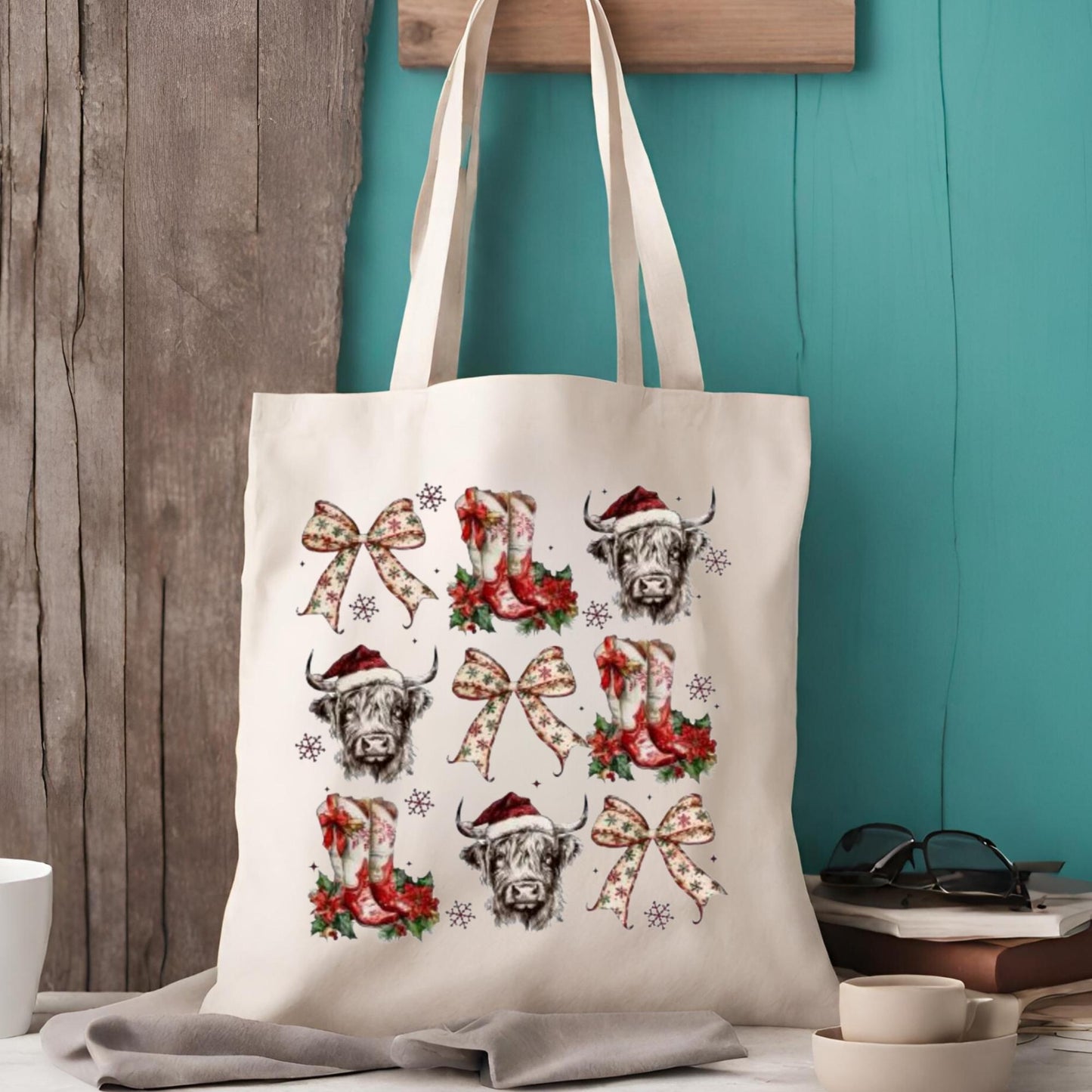 Vintage Christmas Highland Cow DTF Transfer – Bow & Boots Holiday Heat Press Design