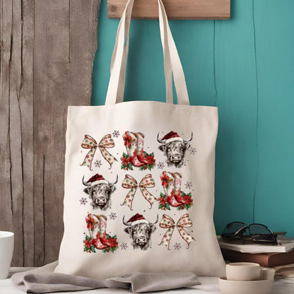 Vintage Christmas Highland Cow DTF Transfer – Bow & Boots Holiday Heat Press Design