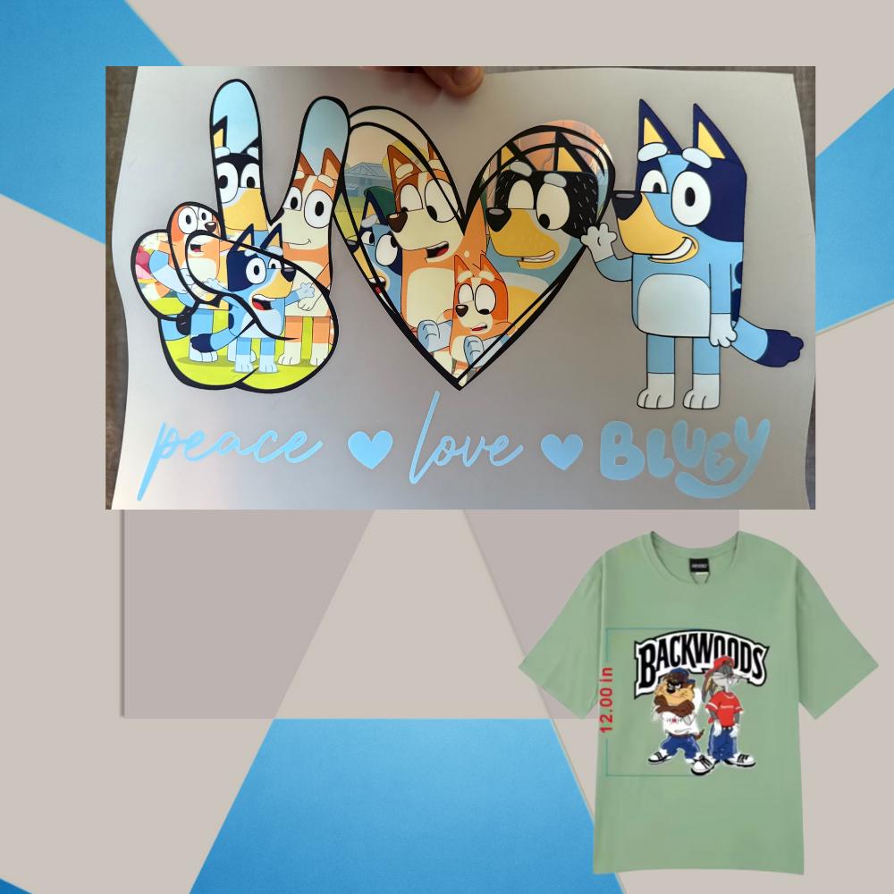 Blue Love Family DTF Transfer/Print Blue Dog and Sister Bingo Peace Love. DTF Ready to Heat Press. 12 inch