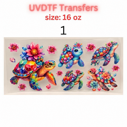 UV DTF Transfer – Colorful Floral Sea Turtle Design – 16 oz cup
