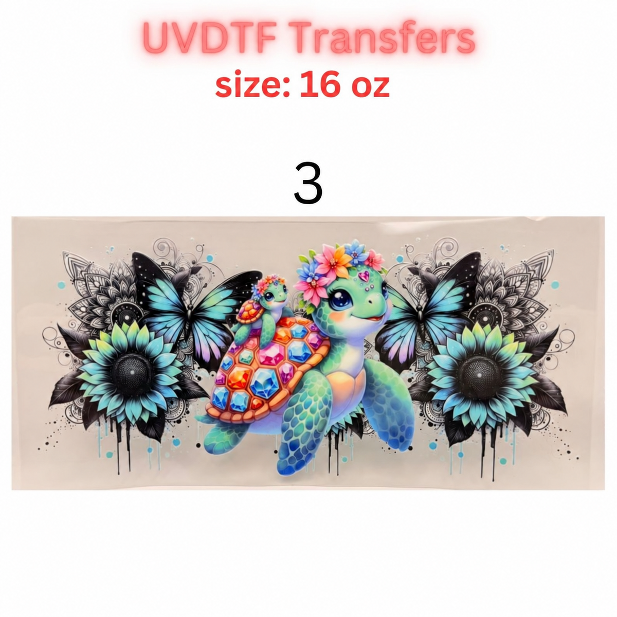 UV DTF Transfer – Colorful Floral Sea Turtle Design – 16 oz cup