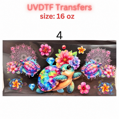 UV DTF Transfer – Colorful Floral Sea Turtle Design – 16 oz cup