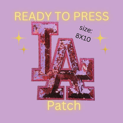 LA Pink Glitter Chenille Sequin Patch | Ready to Press Iron-On Heat Transfer | 8x10" T-Shirt Patch