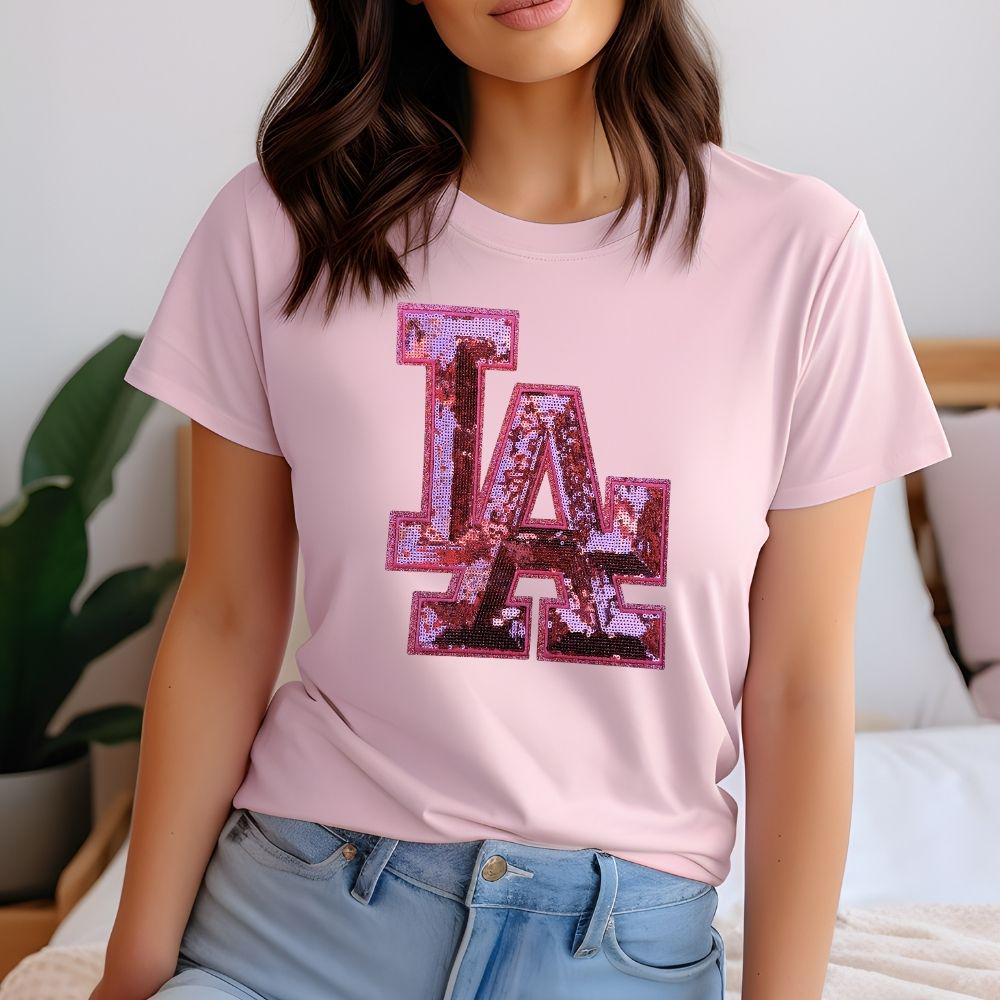 LA Pink Glitter Chenille Sequin Patch | Ready to Press Iron-On Heat Transfer | 8x10" T-Shirt Patch