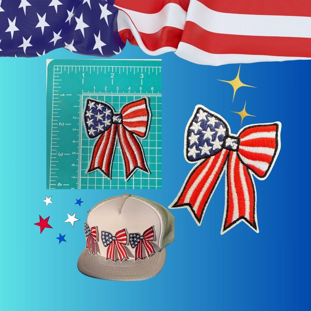 🎀 American Flag Bow Embroidered Iron-On Patch – Patriotic DIY Applique 🎀