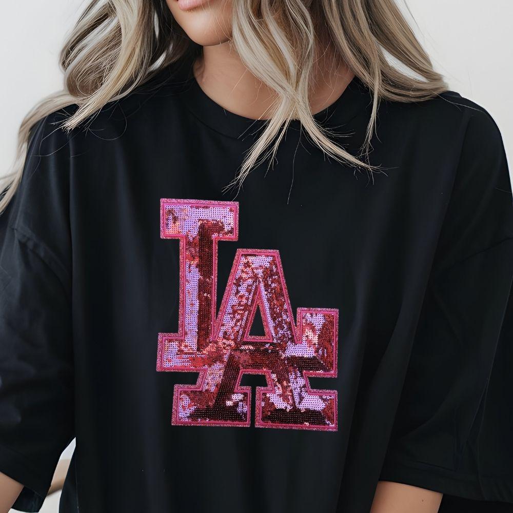 LA Pink Glitter Chenille Sequin Patch | Ready to Press Iron-On Heat Transfer | 8x10" T-Shirt Patch