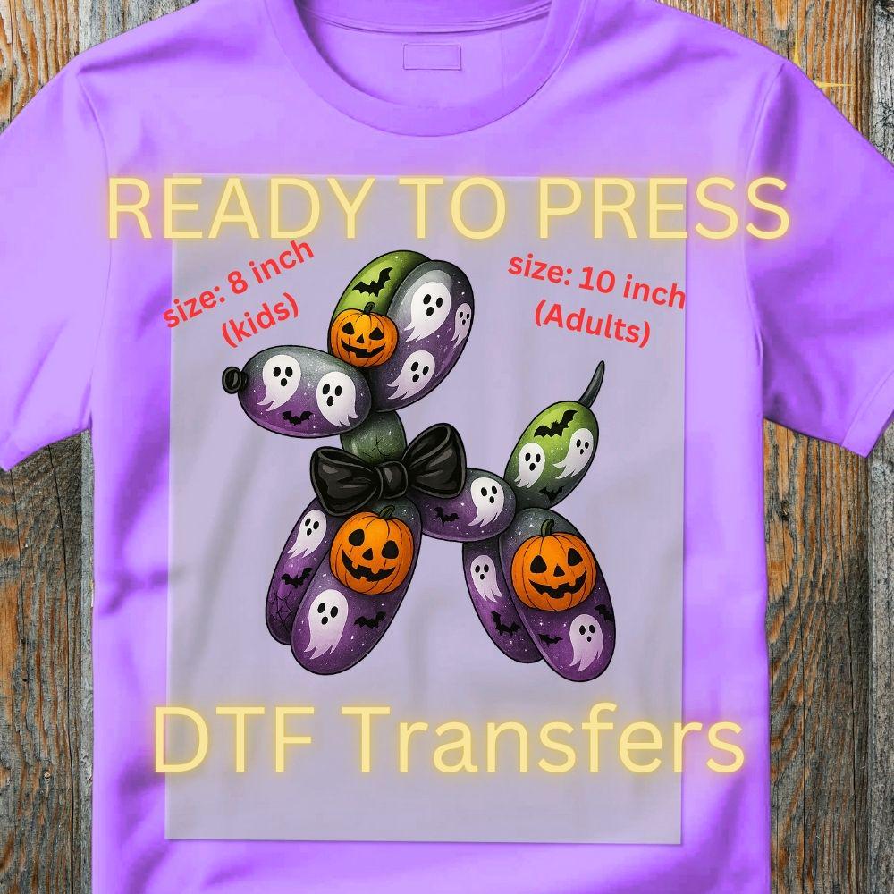 🎃 Halloween Balloon Dog DTF Transfer – Ghosts, Pumpkins & Bats | 8" Kids & 10" Adult Sizes | Spooky Cute Ready to Press Iron-On 🎃